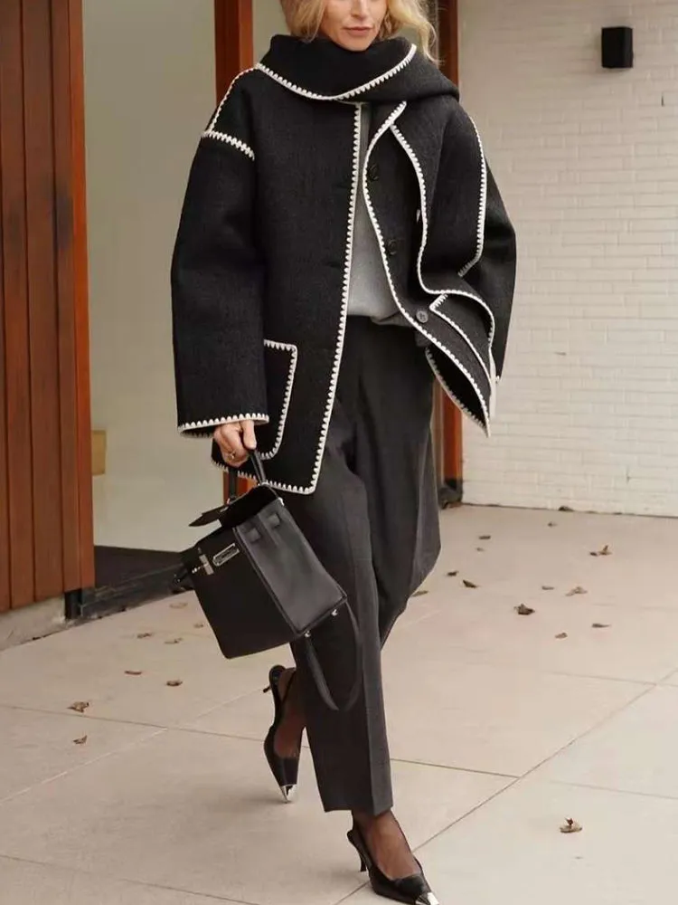 Woolen Jacket Tassel Scarf Single Breasted Pocket Coats