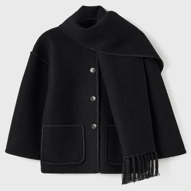 Woolen Jacket Tassel Scarf Single Breasted Pocket Coats