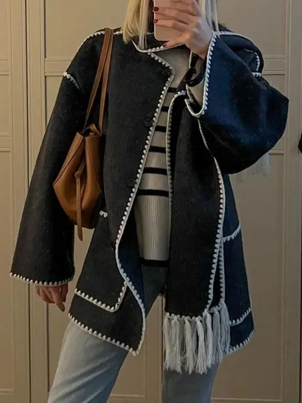 Woolen Jacket Tassel Scarf Single Breasted Pocket Coats