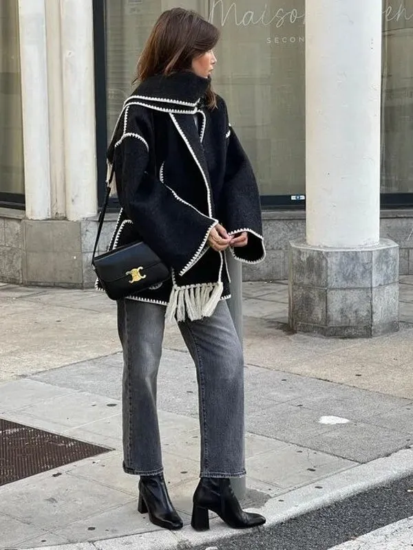 Woolen Jacket Tassel Scarf Single Breasted Pocket Coats