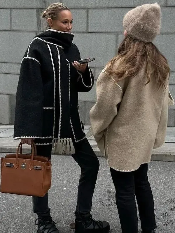 Woolen Jacket Tassel Scarf Single Breasted Pocket Coats