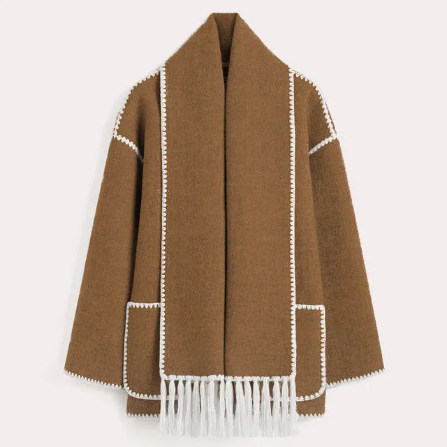 Woolen Jacket Tassel Scarf Single Breasted Pocket Coats
