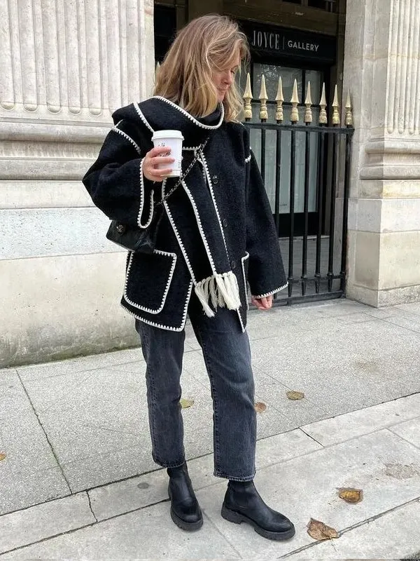 Woolen Jacket Tassel Scarf Single Breasted Pocket Coats