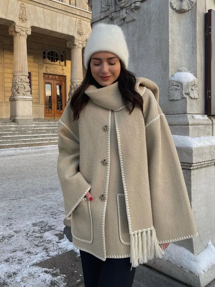 Woolen Jacket Tassel Scarf Single Breasted Pocket Coats