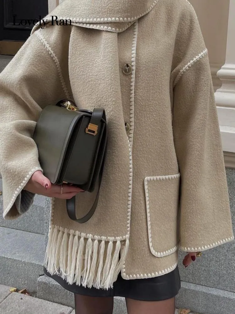 Woolen Jacket Tassel Scarf Single Breasted Pocket Coats