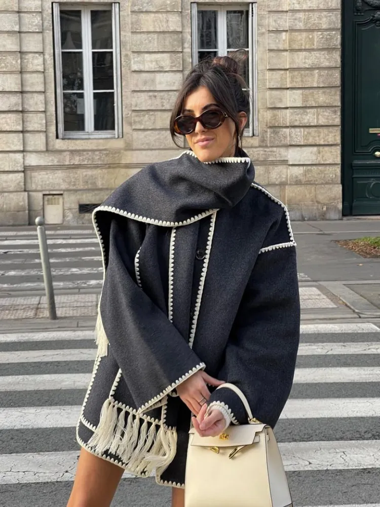 Woolen Jacket Tassel Scarf Single Breasted Pocket Coats