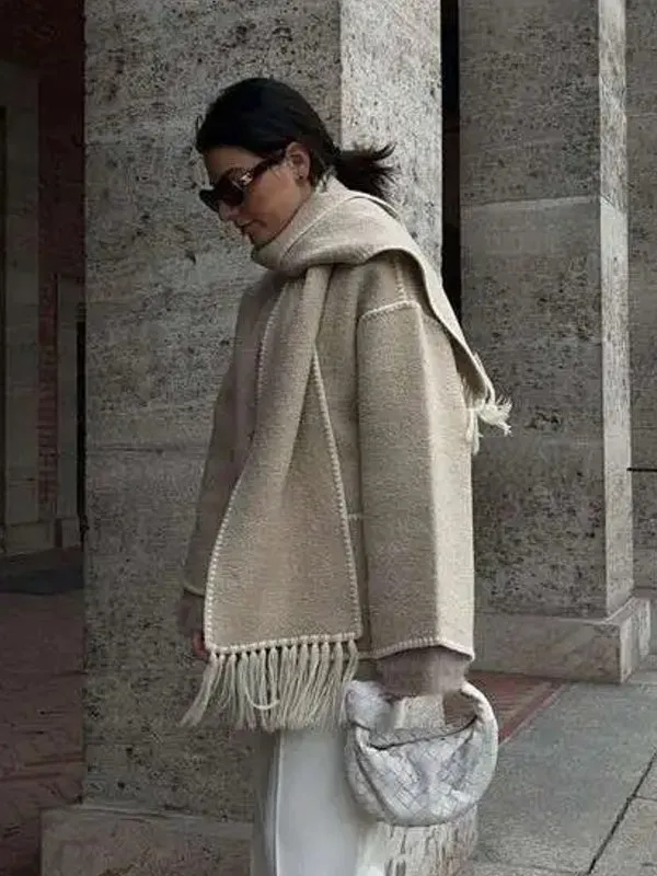Woolen Jacket Tassel Scarf Single Breasted Pocket Coats