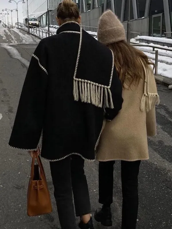 Woolen Jacket Tassel Scarf Single Breasted Pocket Coats