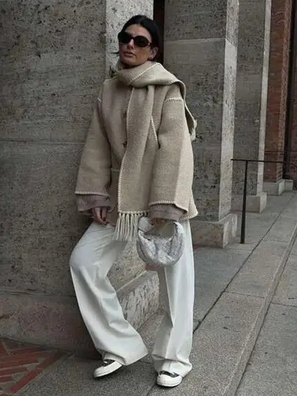 Woolen Jacket Tassel Scarf Single Breasted Pocket Coats