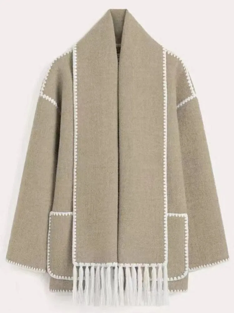 Woolen Jacket Women 2024 Autumn Winter Patchwork Tassel Coats Casual Fashion Long Sleeve Loose Top Warm Women's Suit Streetwear