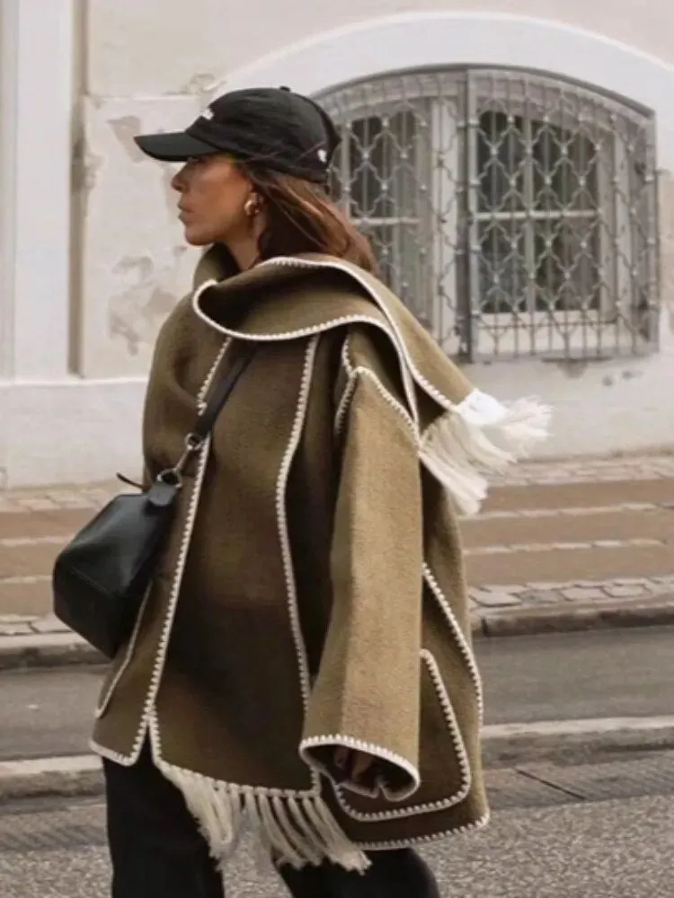 Woolen Jacket Women 2024 Autumn Winter Patchwork Tassel Coats Casual Fashion Long Sleeve Loose Top Warm Women's Suit Streetwear