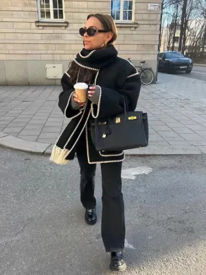 Woolen Jacket Women 2024 Autumn Winter Patchwork Tassel Coats Casual Fashion Long Sleeve Loose Top Warm Women's Suit Streetwear