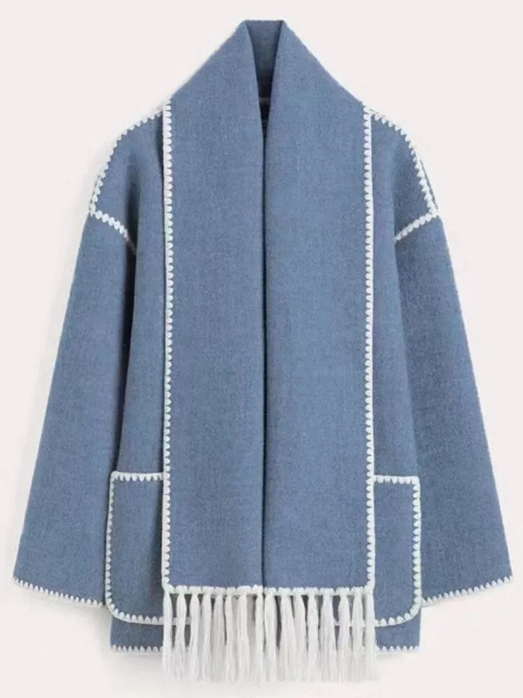 Woolen Jacket Women 2024 Autumn Winter Patchwork Tassel Coats Casual Fashion Long Sleeve Loose Top Warm Women's Suit Streetwear