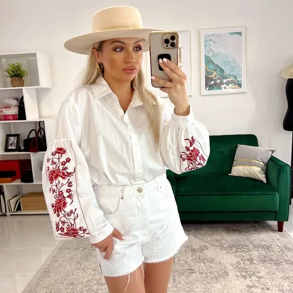 Zara White Denim Shorts   Boutique White Embroidered Shirt