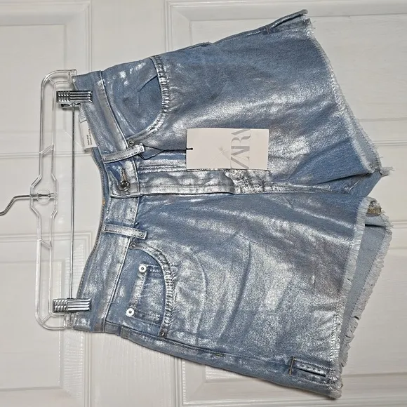 ZARA Womens Size 6 Or 38 High Rise Split Shorts Button Up Silver Denim