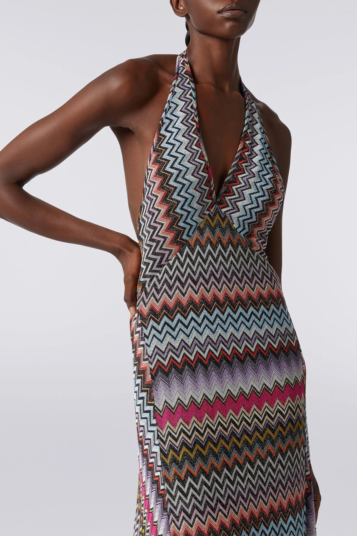 Zig-Zag Woven Maxi Dress in Multicolor with Black