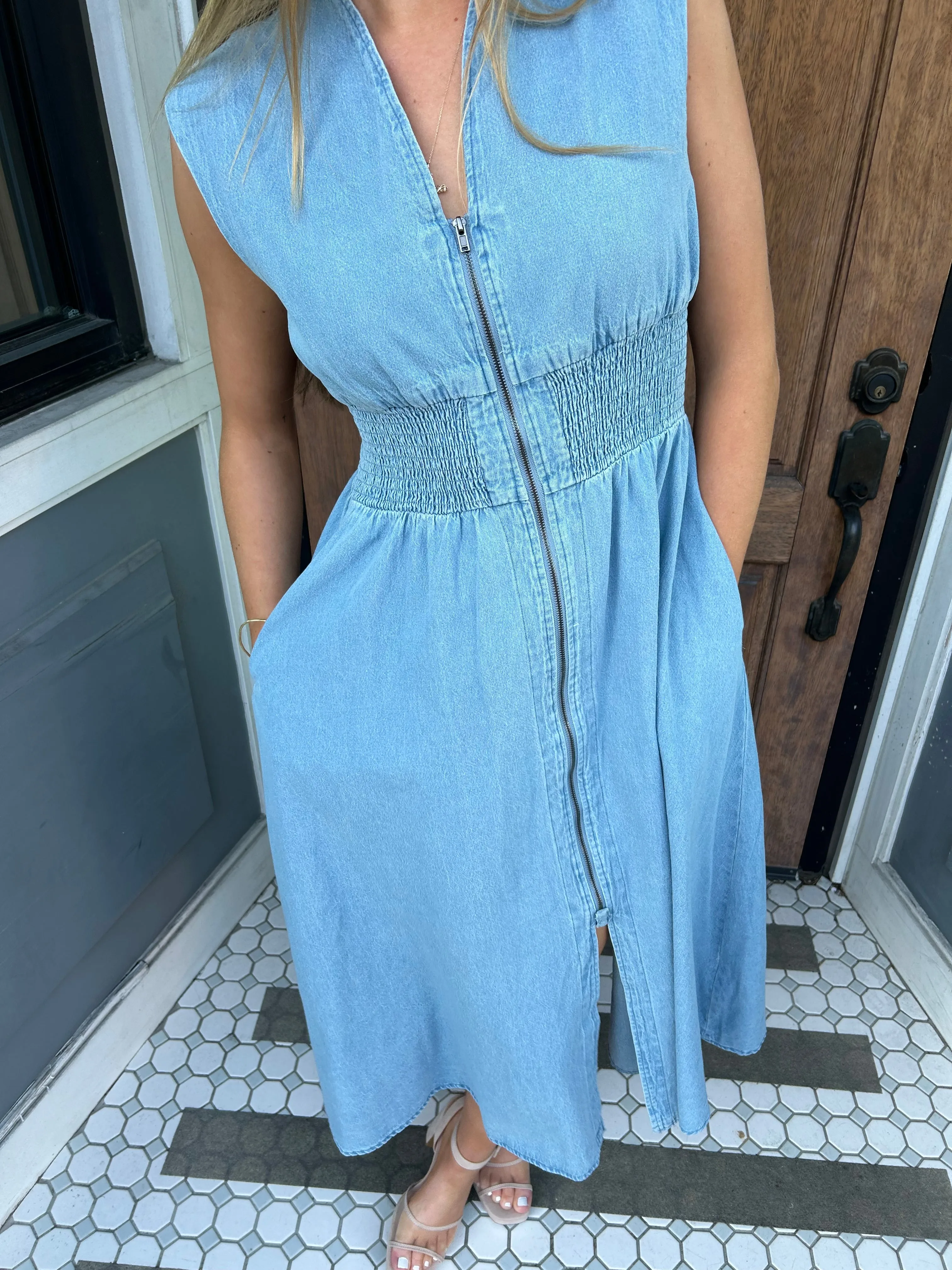 Zip Front Denim Midi Dress