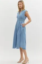 Zip Front Denim Midi Dress