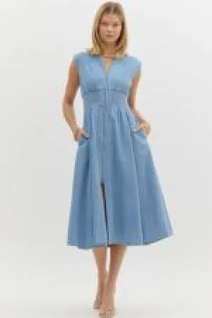 Zip Front Denim Midi Dress