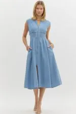 Zip Front Denim Midi Dress